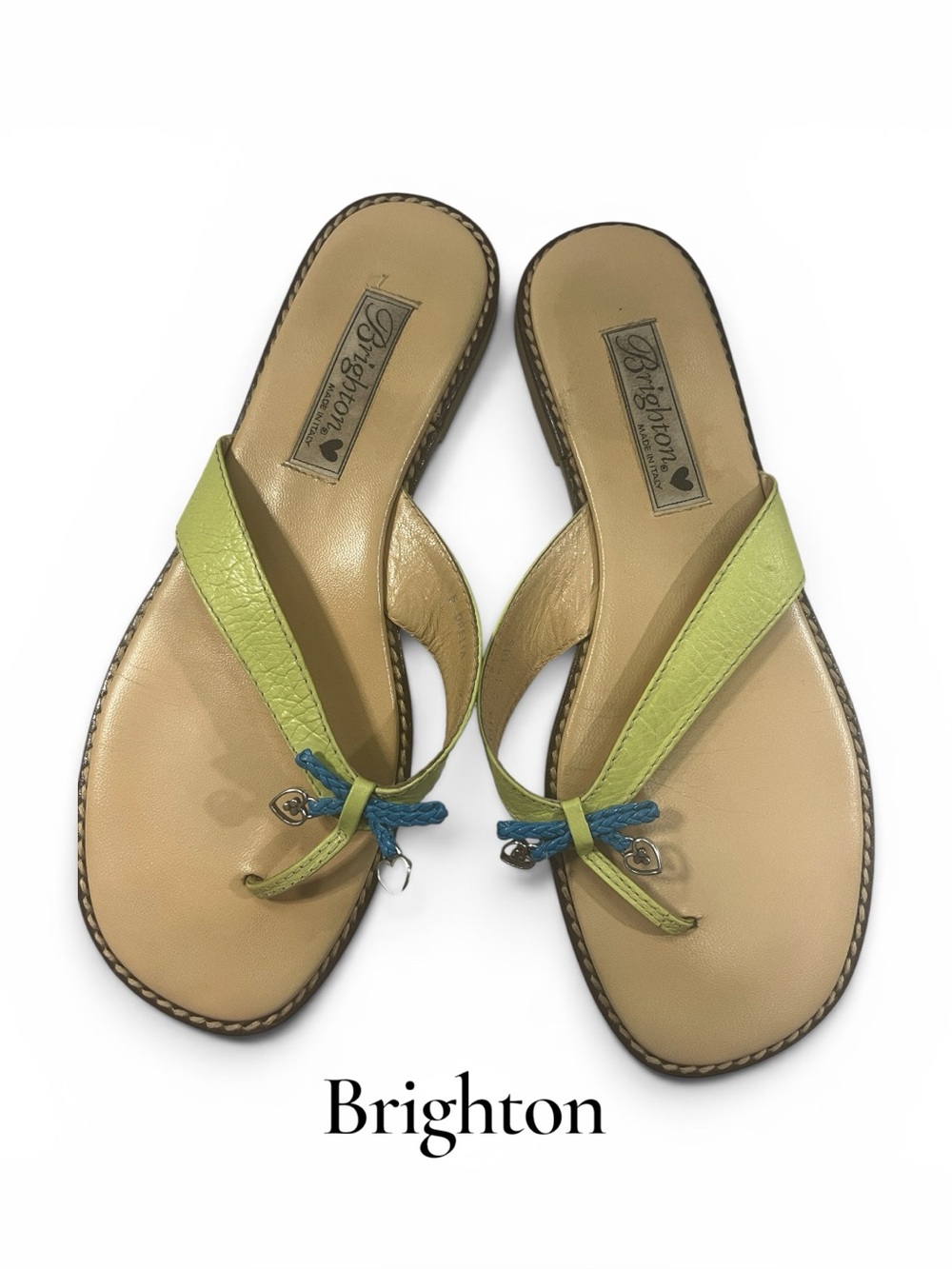 Brighton Made in Italy Lime Green Ofelia Leather Heart Charm Thongs Size 6